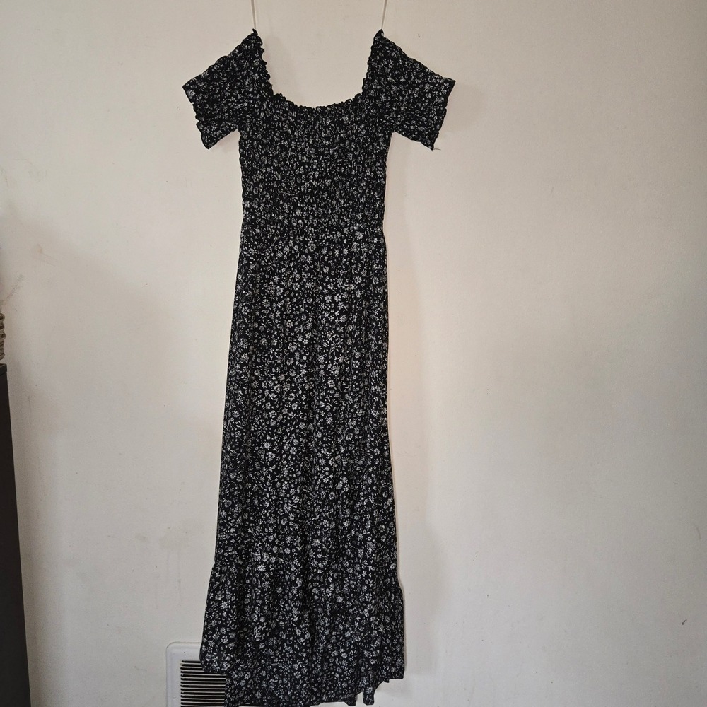 Dee Elly Black White Floral Smocked Milkmaid Maxi Dress High Low Ruffle Small